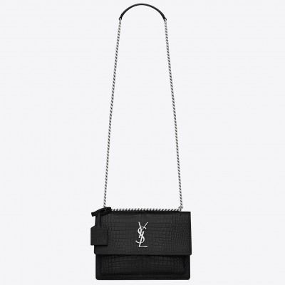 Saint Laurent Sunset Medium Bag In Black Crocodile Embossed Leather LDBS245421