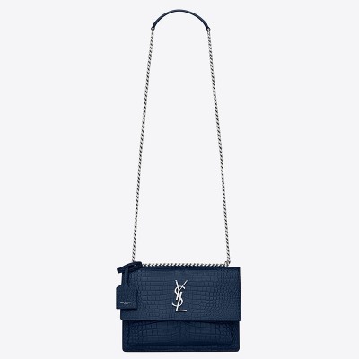 Saint Laurent Sunset Medium Bag In Blue Crocodile Embossed Leather LDBS245423