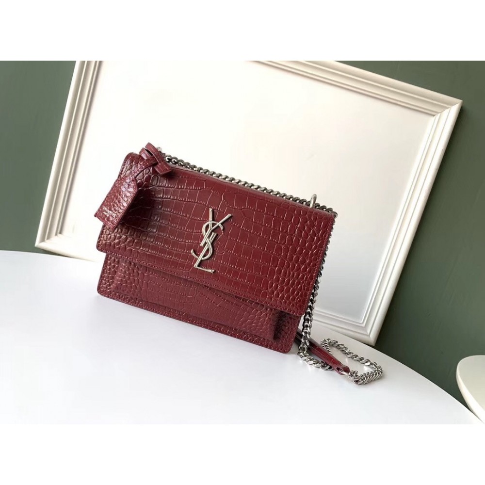 Saint Laurent Sunset Medium Bag In Bordeaux Crocodile Embossed Leather LDBS245424