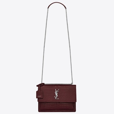 Saint Laurent Sunset Medium Bag In Bordeaux Crocodile Embossed Leather LDBS245424