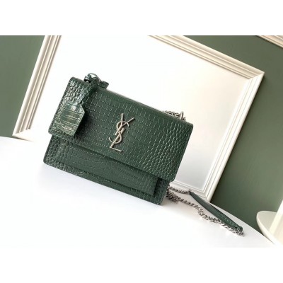 Saint Laurent Sunset Medium Bag In Green Crocodile Embossed Leather LDBS245428