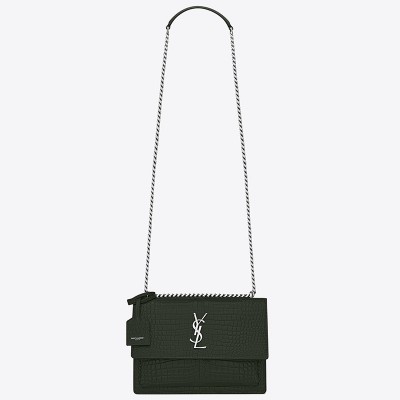 Saint Laurent Sunset Medium Bag In Green Crocodile Embossed Leather LDBS245428