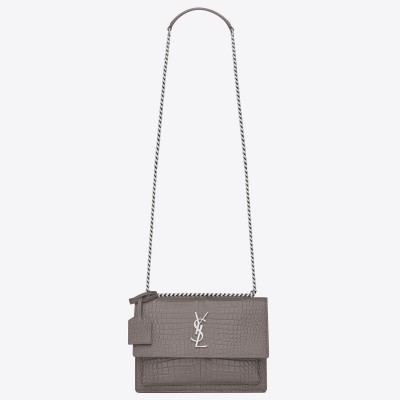 Saint Laurent Sunset Medium Bag In Grey Crocodile Embossed Leather LDBS245429