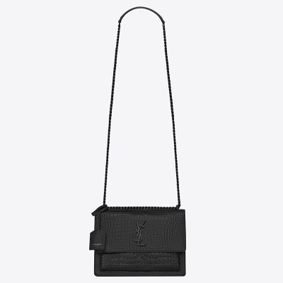 Saint Laurent Sunset Medium Bag In Noir Crocodile Embossed Leather LDBS245431