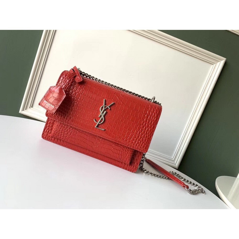 Saint Laurent Sunset Medium Bag In Red Crocodile Embossed Leather LDBS245433