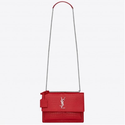 Saint Laurent Sunset Medium Bag In Red Crocodile Embossed Leather LDBS245433