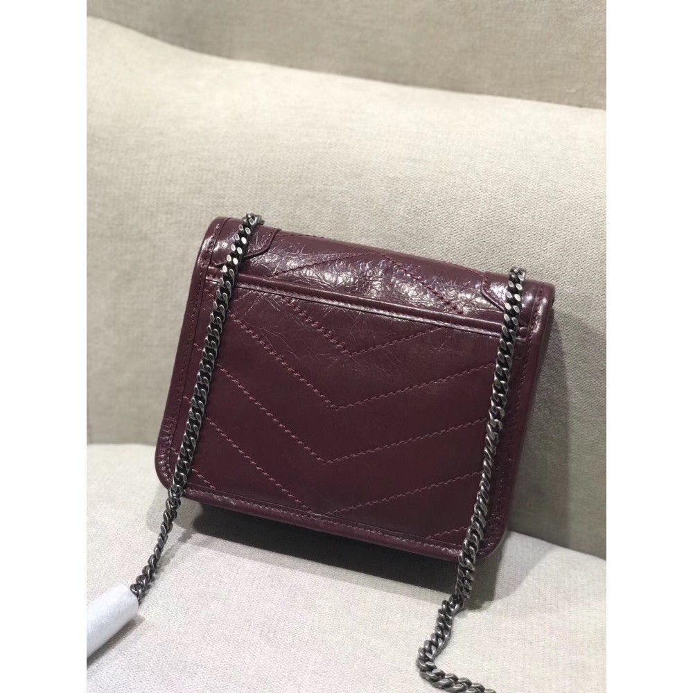 Saint Laurent WOC Niki Chain Wallet In Bordeaux Crinkled Leather LDBS245469