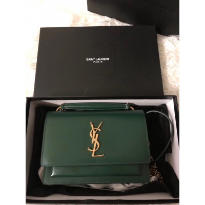 Saint Laurent WOC Sunset Chain Wallet In Green Calfskin LDBS245478