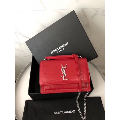 Saint Laurent WOC Sunset Chain Wallet In Red Croc-Embossed Leather LDBS245479