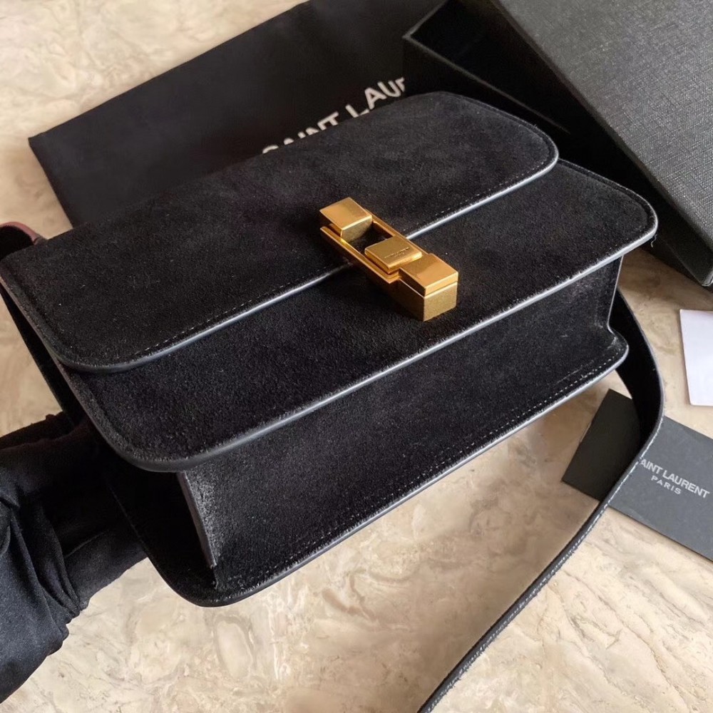 Saint Laurent Carre Satchel Bag In Black Suede Leather