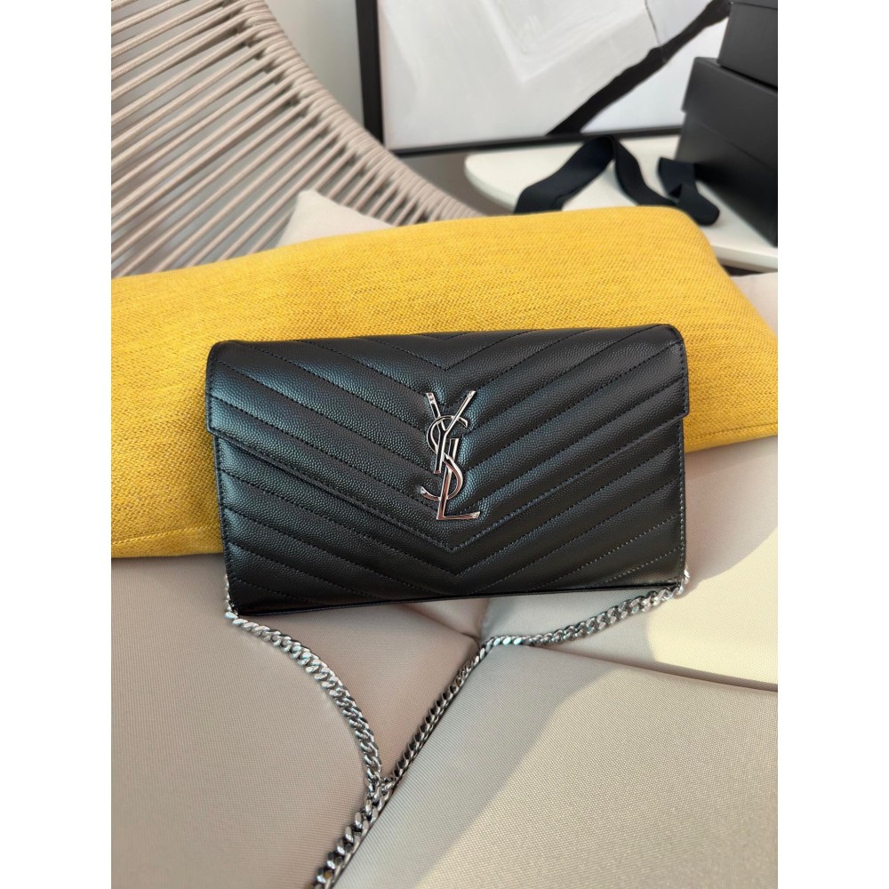 Saint Laurent Cassandre Matelasse Chain Wallet in Noir Grained Leather