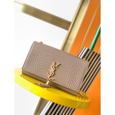 Saint Laurent Kate Medium Tassel Bag In Beige Crocodile-embossed Leather