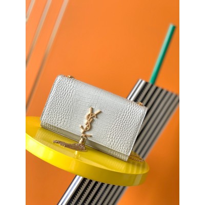 Saint Laurent Kate Medium Tassel Bag In White Crocodile-embossed Leather