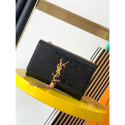 Saint Laurent Kate Small Tassel Bag In Black Crocodile-embossed Leather