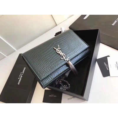 Saint Laurent Medium Kate Bag With Tassel In Dark Green Croc-Embossed Leather