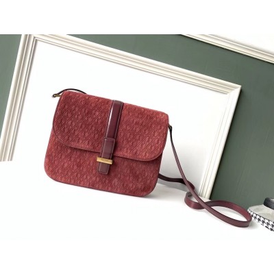 Saint Laurent Monogram All Over Small Satchel In Bordeaux Suede