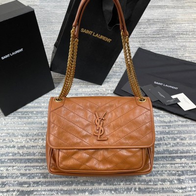 Saint Laurent Niki Medium Chain Bag In Brown Crinkled Leather