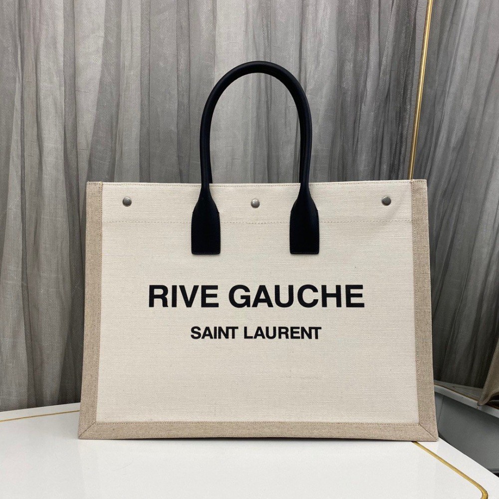 Saint Laurent Rive Gauche Tote Bag in White Linen and Black Leather