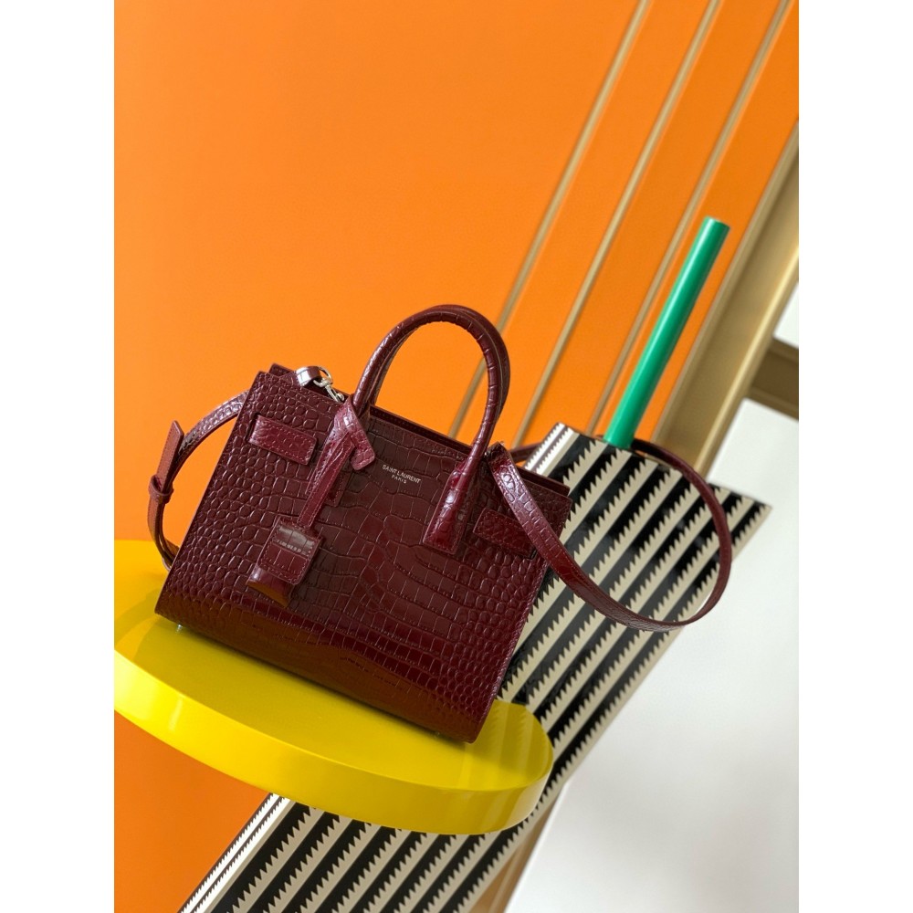 Saint Laurent Sac De Jour Nano Bag in Bordeaux Crocodile Embossed Leather