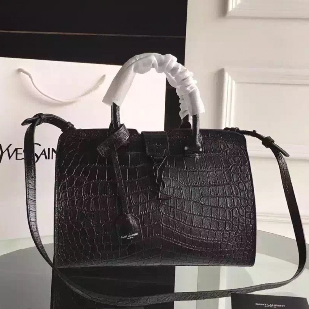 Saint Laurent Small Cabas YSL Bag In Black Crocodile Embossed Leather