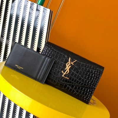 Saint Laurent Uptown Chain Wallet in Black Crocodile-embossed Leather