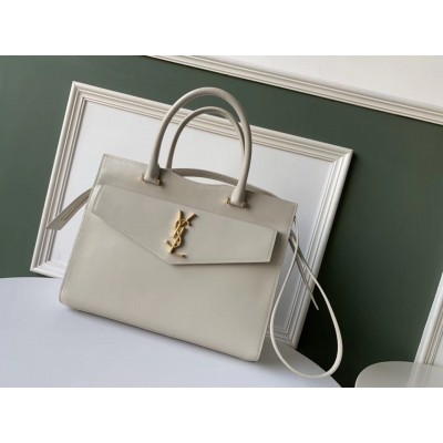 Saint Laurent Uptown Medium Tote In Blanc Calfskin