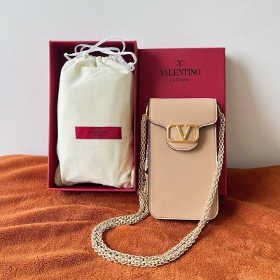 Valentino Loco Phone Case in Beige Leather with Chain LDBS245549