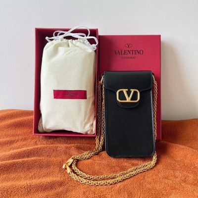 Valentino Loco Phone Case in Black Leather with Chain LDBS245550