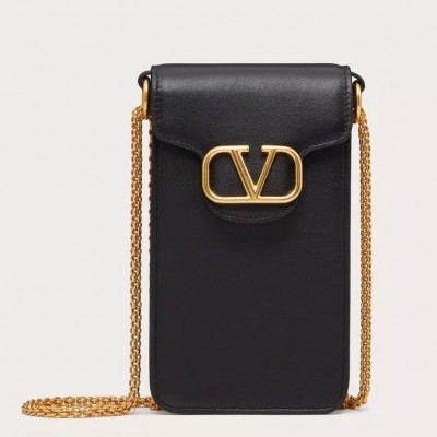 Valentino Loco Phone Case in Black Leather with Chain LDBS245550