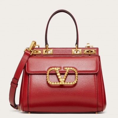 Valentino Medium Rockstud Alcove Top Handle Bag In Red Calfskin LDBS245560