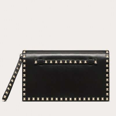 Valentino Medium Rockstud Clutch In Black Calfskin LDBS245561