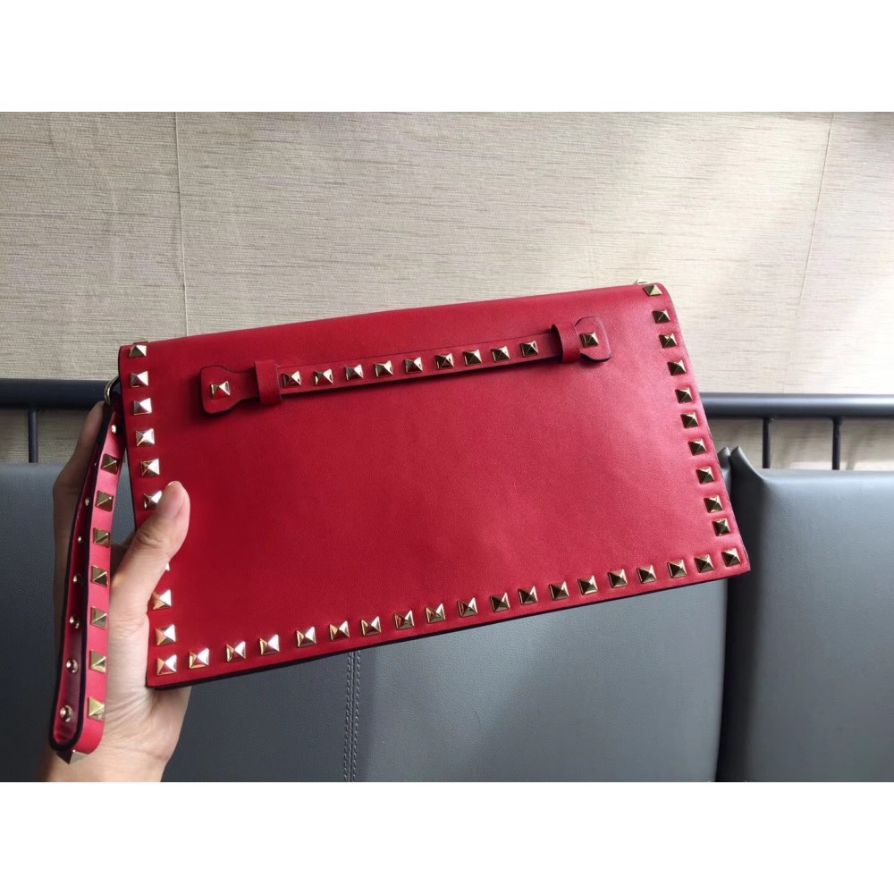 Valentino Medium Rockstud Clutch In Red Calfskin LDBS245562