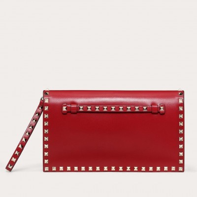 Valentino Medium Rockstud Clutch In Red Calfskin LDBS245562