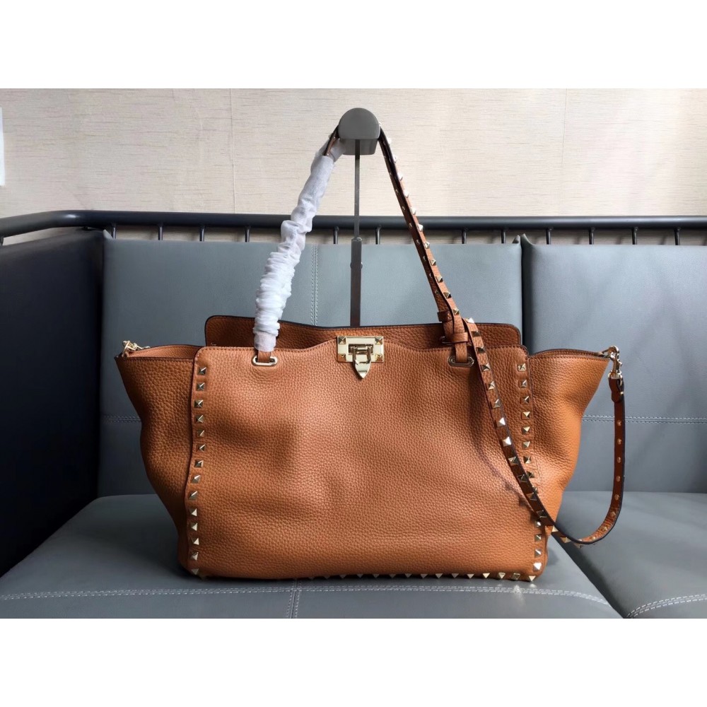 Valentino Medium Rockstud Tote Bag In Brown Grainy Calfskin LDBS245563