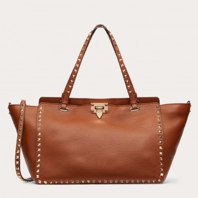 Valentino Medium Rockstud Tote Bag In Brown Grainy Calfskin LDBS245563