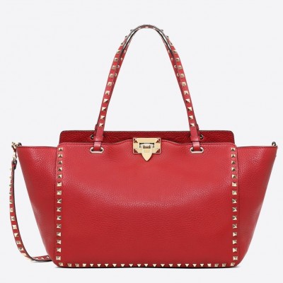 Valentino Medium Rockstud Tote In Red Grain Calfskin LDBS245566