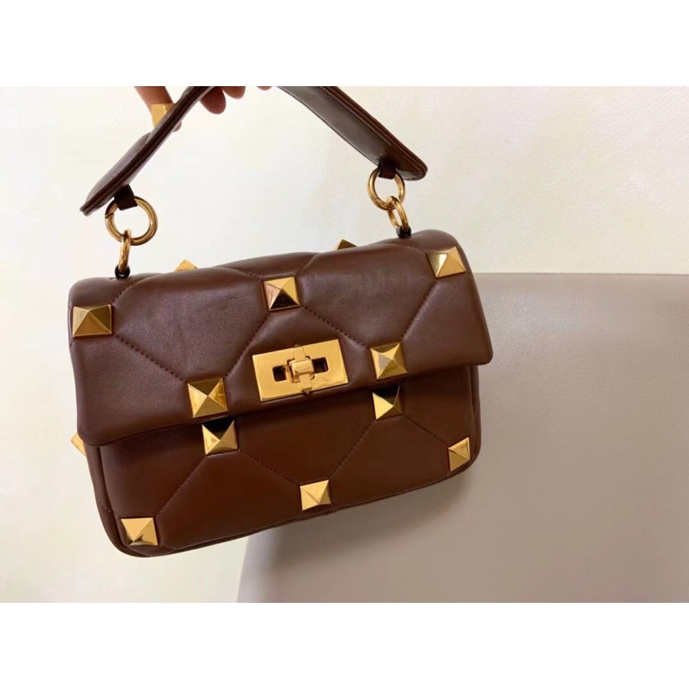 Valentino Medium Roman Stud Chain Bag In Teak Brown Nappa LDBS245570