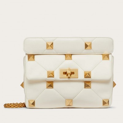 Valentino Medium Roman Stud Chain Bag In White Nappa LDBS245571