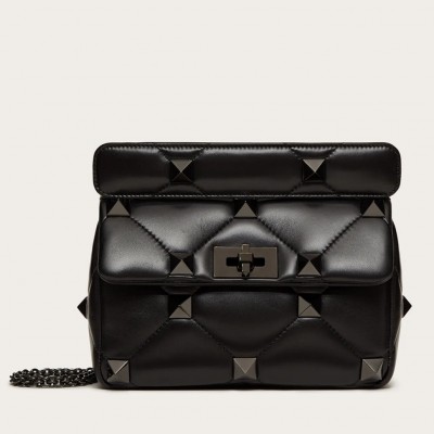 Valentino Medium Roman Stud Tonal Chain Bag In Noir Nappa LDBS245572