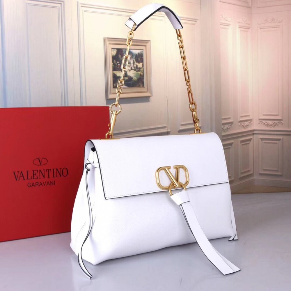 Valentino Medium VRing Chain Bag In White Grainy Calfskin LDBS245577