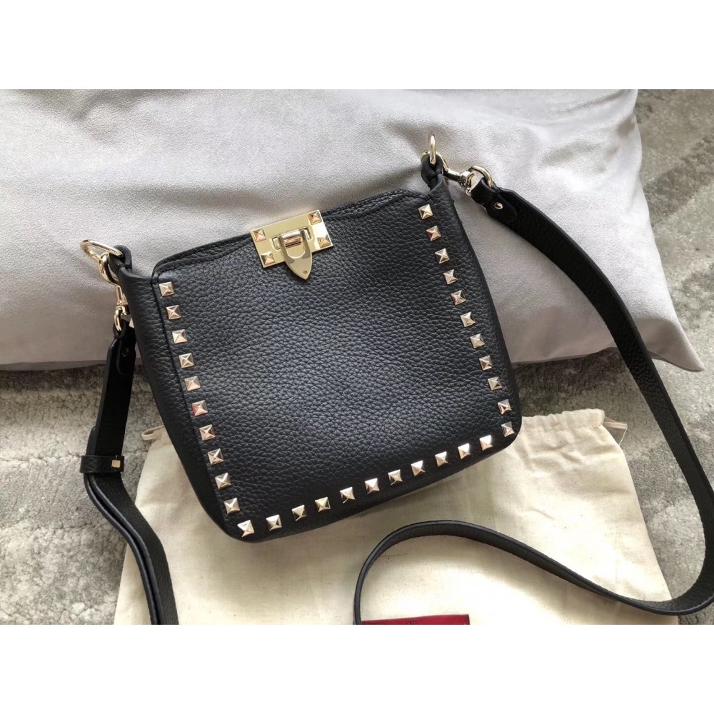 Valentino Mini Rockstud Hobo Bag In Black Grained Leather LDBS245584