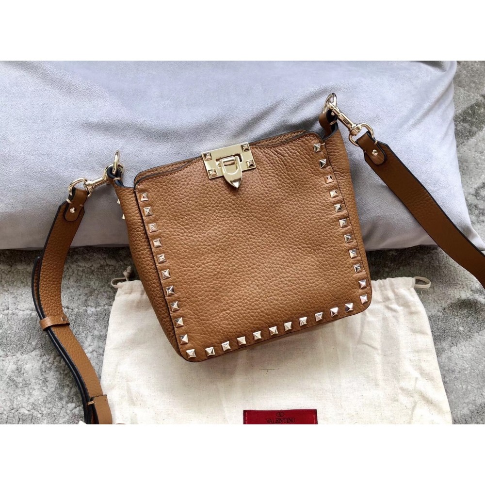 Valentino Mini Rockstud Hobo Bag In Brown Grained Leather LDBS245585