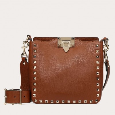 Valentino Mini Rockstud Hobo Bag In Brown Grained Leather LDBS245585