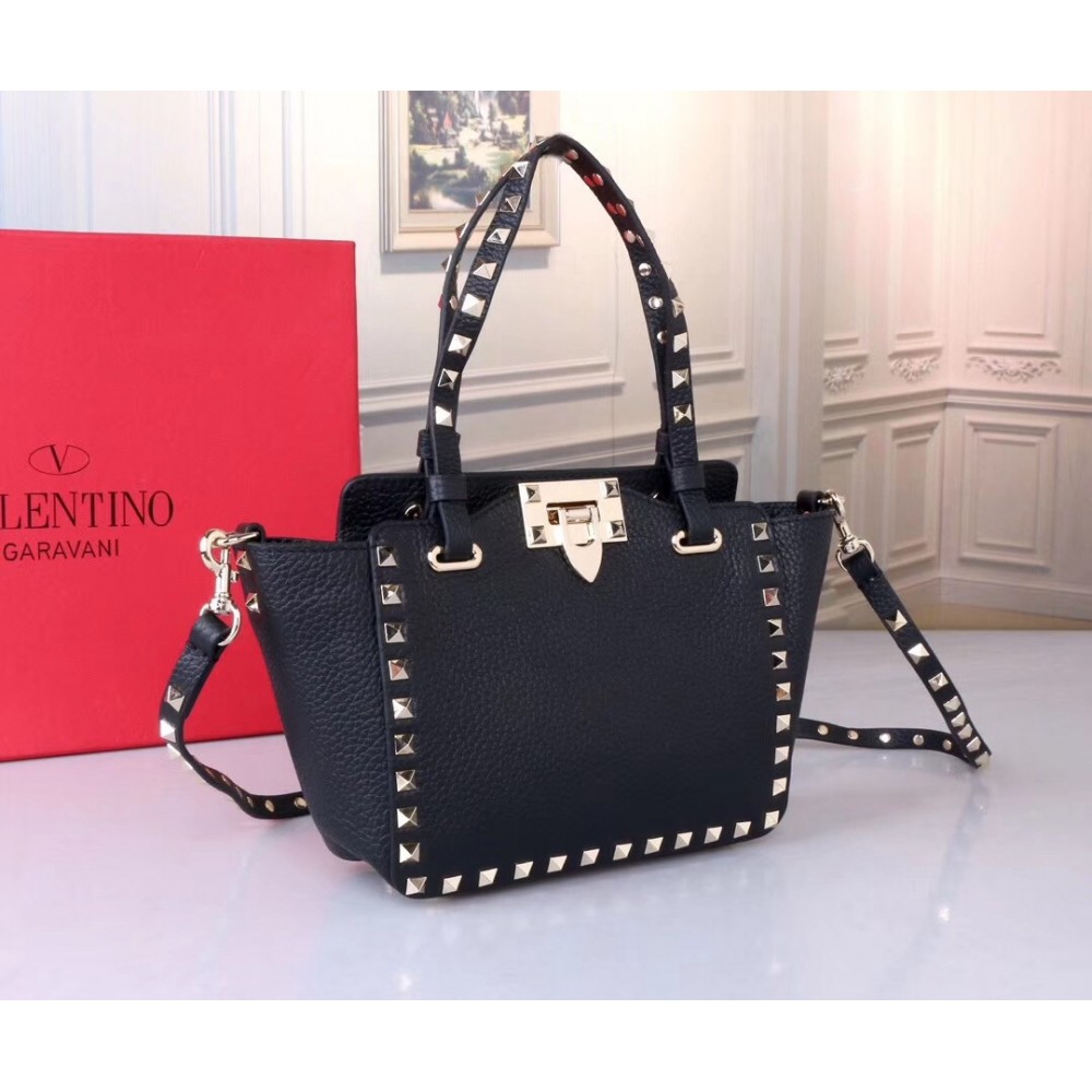 Valentino Mini Rockstud Tote In Black Grain Calfskin LDBS245587