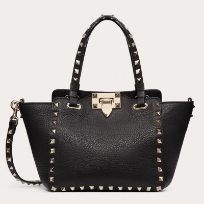 Valentino Mini Rockstud Tote In Black Grain Calfskin LDBS245587