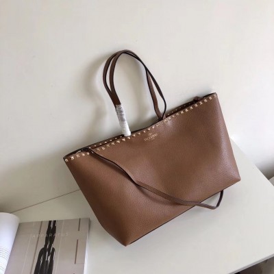 Valentino Rockstud Large Shopping Bag In Brown Leather LDBS245612