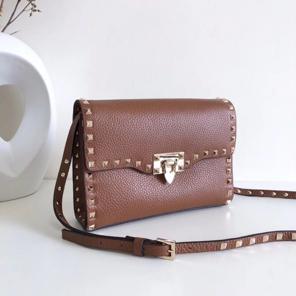 Valentino Rockstud Small Crossbody Bag In Brown Grained Leather LDBS245619