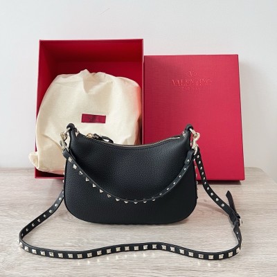 Valentino Rockstud Small Hobo Bag in Black Grainy Calfskin LDBS245621