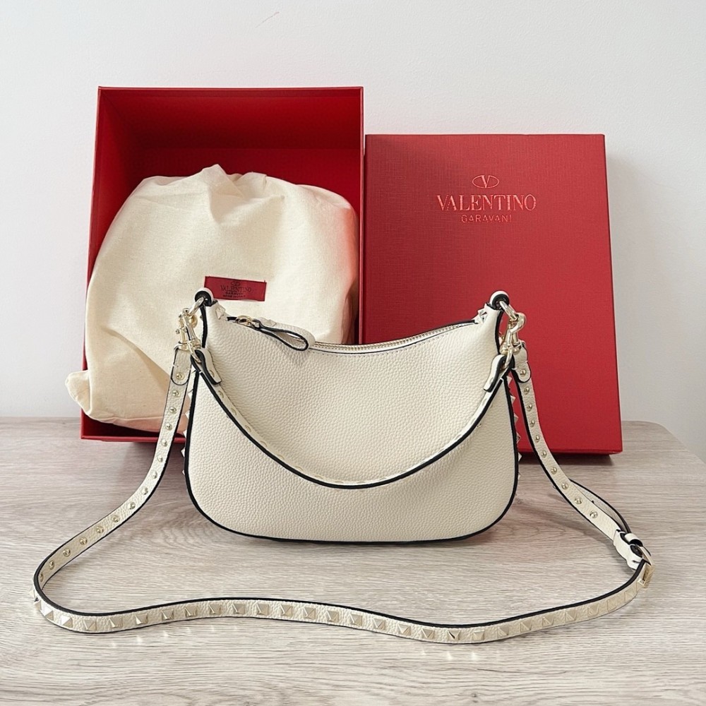 Valentino Rockstud Small Hobo Bag in White Grainy Calfskin LDBS245622