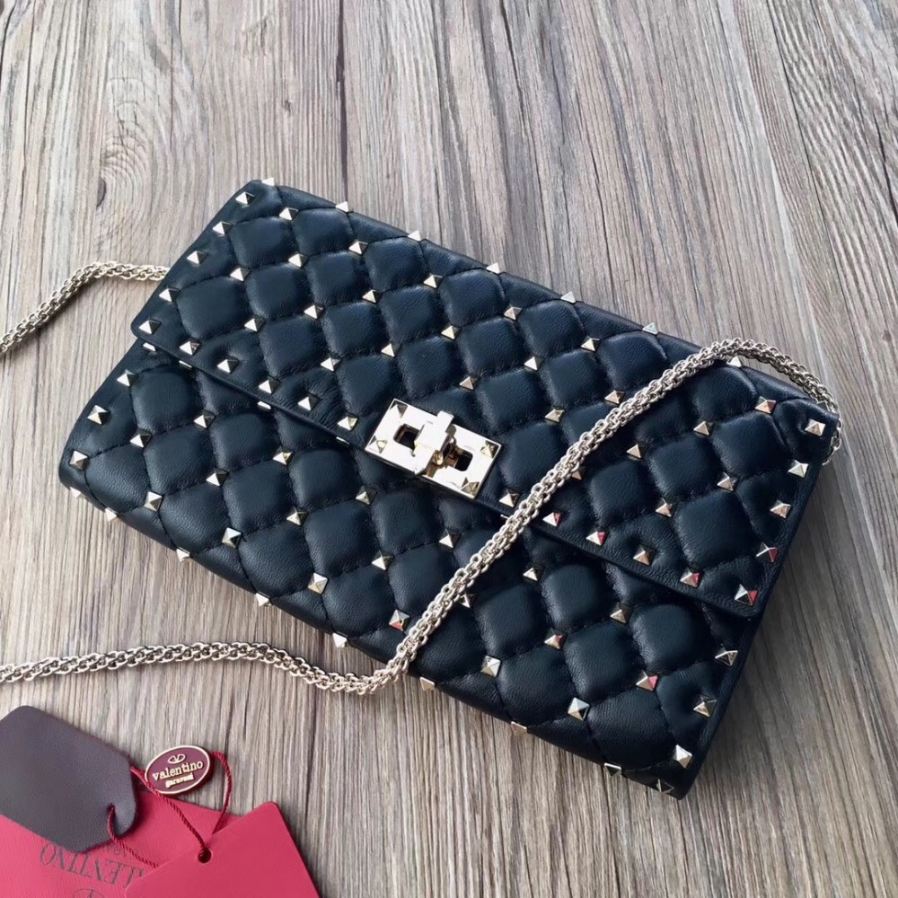 Valentino Rockstud Spike Crossbody Clutch In Black Lambskin LDBS245623